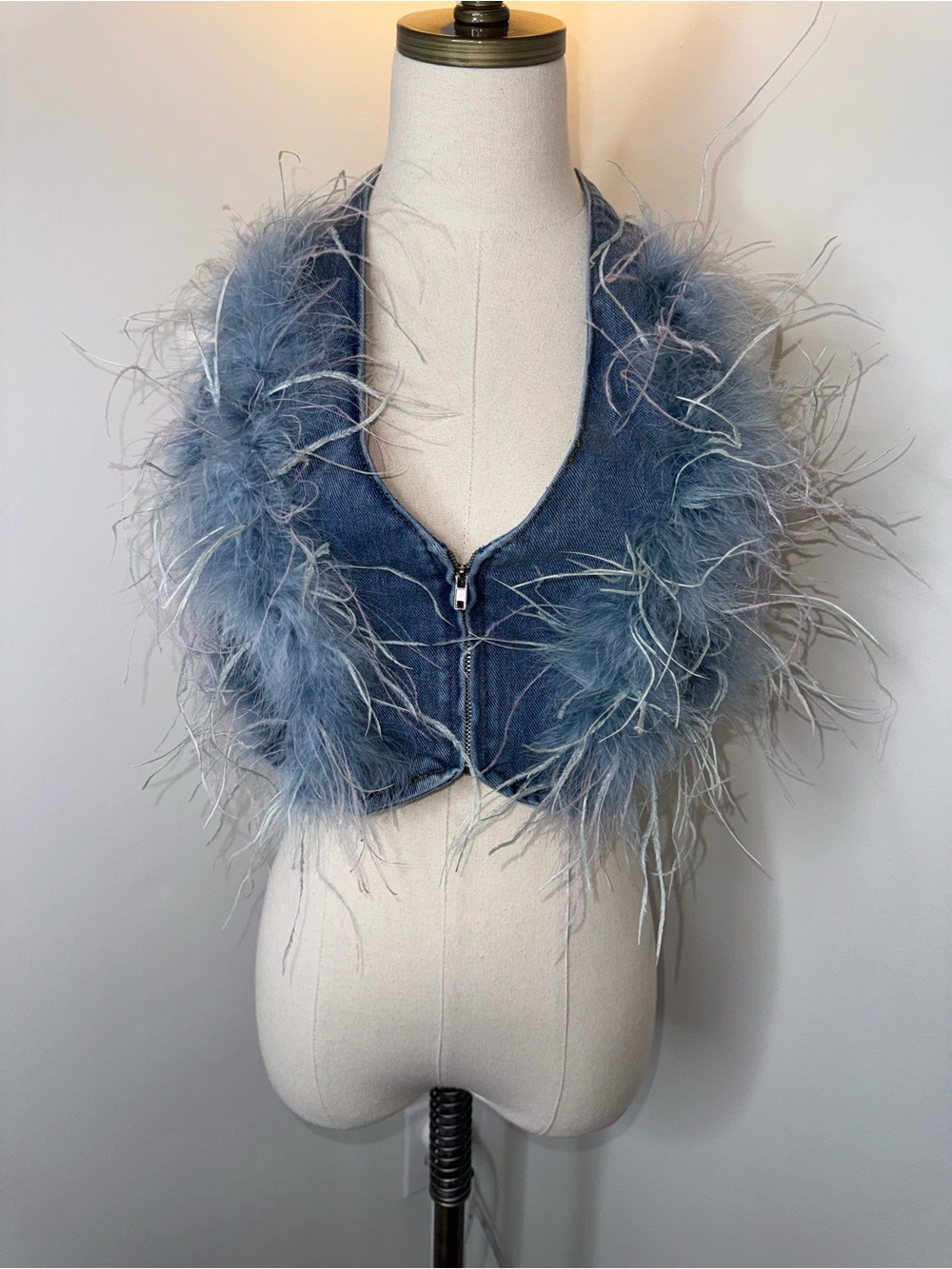 Nasty Gal Women’s 4 Blue Feather Trim Denim Zip Up Top